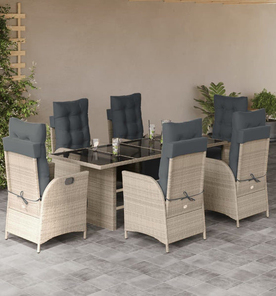7-tlg. Garten-Essgruppe mit Kissen Hellgrau Poly Rattan