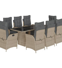 9-tlg. Garten-Essgruppe mit Kissen Hellgrau Poly Rattan