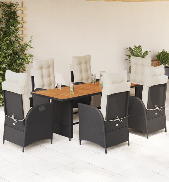 7-tlg. Garten-Essgruppe mit Kissen Schwarz Poly Rattan