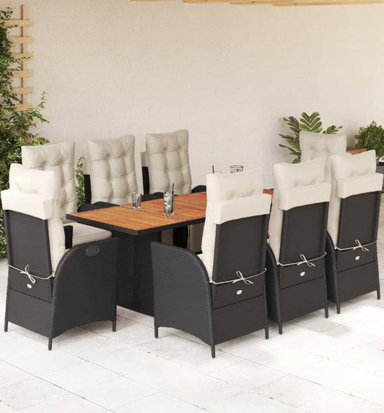 9-tlg. Garten-Essgruppe mit Kissen Schwarz Poly Rattan