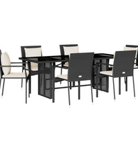 7-tlg. Garten-Essgruppe mit Kissen Schwarz Poly Rattan