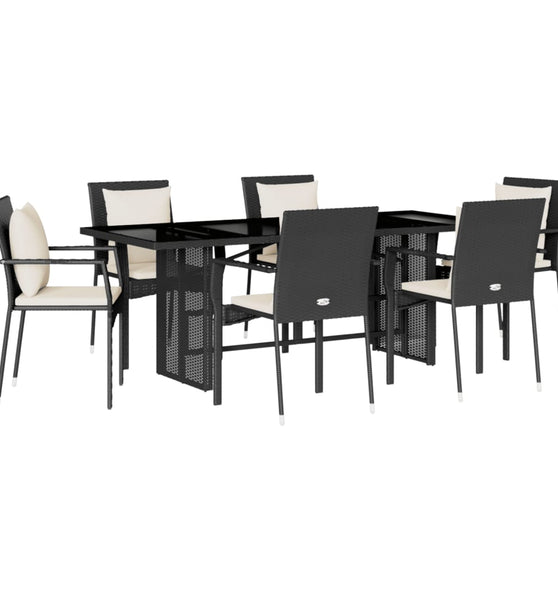7-tlg. Garten-Essgruppe mit Kissen Schwarz Poly Rattan