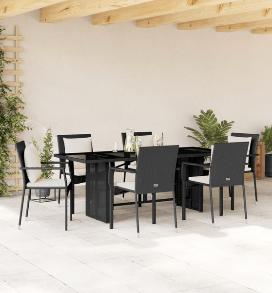 7-tlg. Garten-Essgruppe mit Kissen Schwarz Poly Rattan