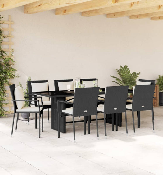 9-tlg. Garten-Essgruppe mit Kissen Schwarz Poly Rattan