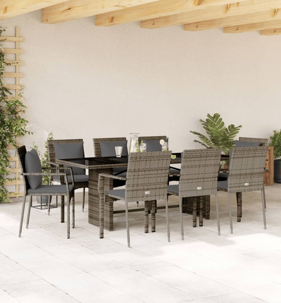 9-tlg. Garten-Essgruppe mit Kissen Grau Poly Rattan