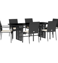 7-tlg. Garten-Essgruppe mit Kissen Schwarz Poly Rattan