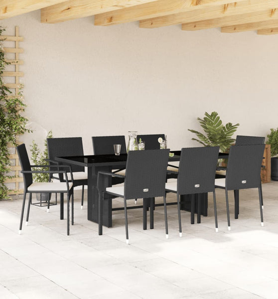 9-tlg. Garten-Essgruppe mit Kissen Schwarz Poly Rattan