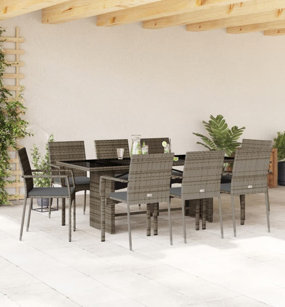 9-tlg. Garten-Essgruppe mit Kissen Grau Poly Rattan