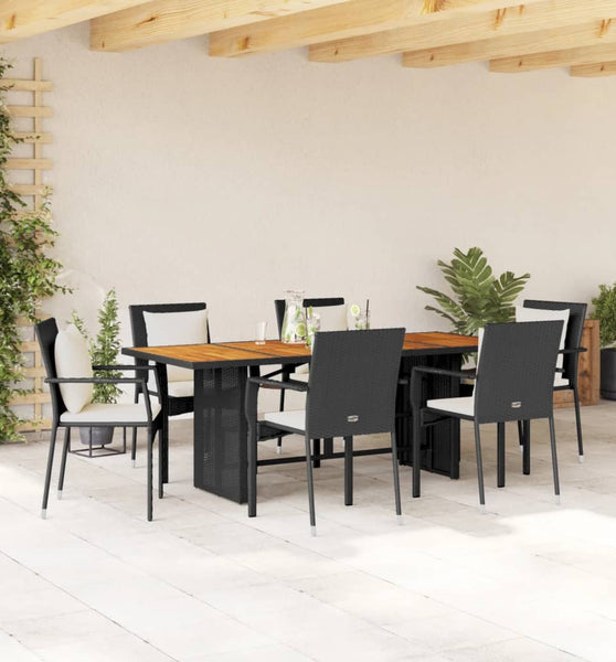 7-tlg. Garten-Essgruppe mit Kissen Schwarz Poly Rattan