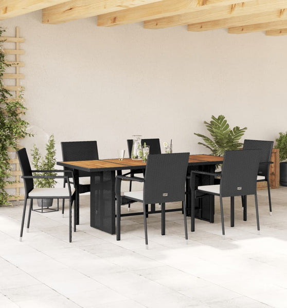 7-tlg. Garten-Essgruppe mit Kissen Schwarz Poly Rattan