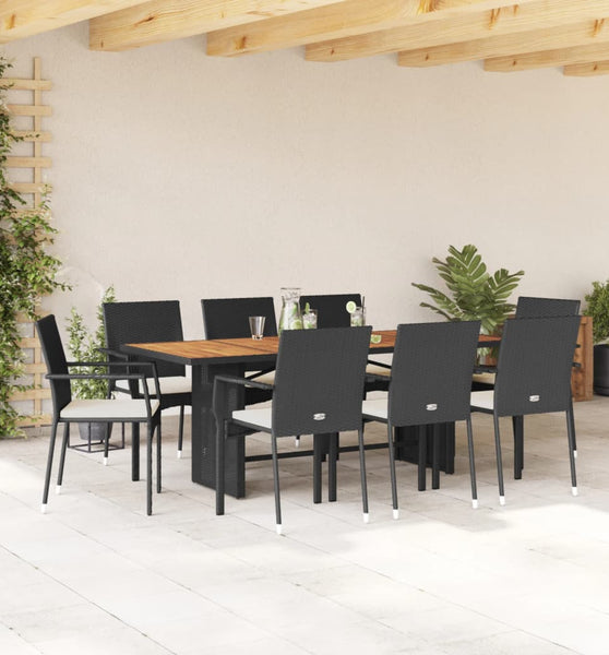9-tlg. Garten-Essgruppe mit Kissen Schwarz Poly Rattan