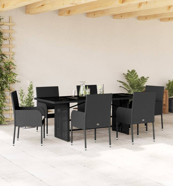 7-tlg. Garten-Essgruppe mit Kissen Schwarz Poly Rattan