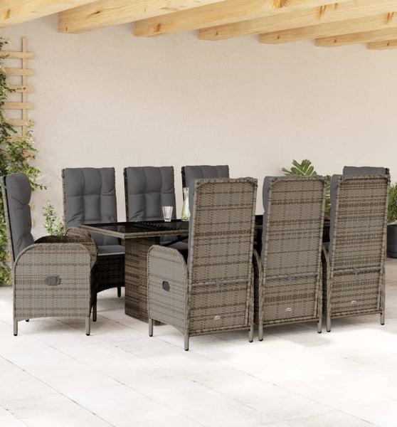 9-tlg. Garten-Essgruppe mit Kissen Grau Poly Rattan