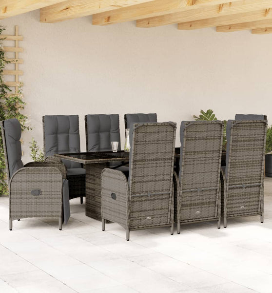 9-tlg. Garten-Essgruppe mit Kissen Grau Poly Rattan