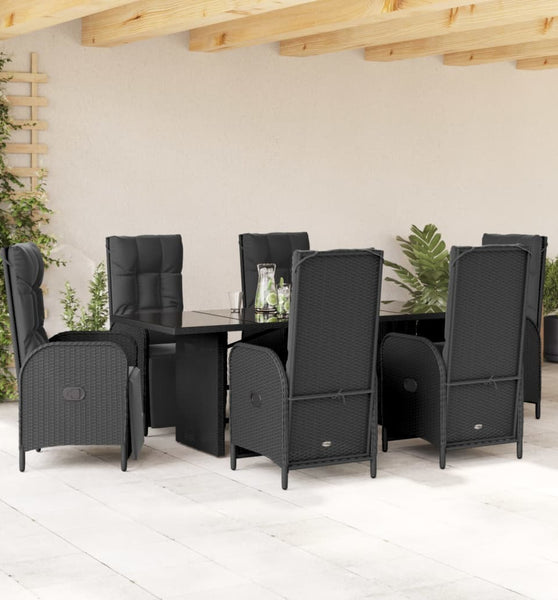 7-tlg. Garten-Essgruppe mit Kissen Schwarz Poly Rattan