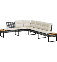 Gartensofa in L-Form mit Kissen Schwarz Poly Rattan und Akazie