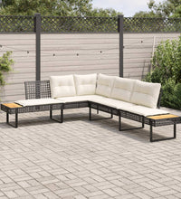 Gartensofa in L-Form mit Kissen Schwarz Poly Rattan und Akazie