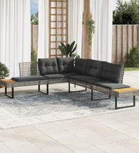 Gartensofa in L-Form mit Kissen Grau Poly Rattan und Akazie