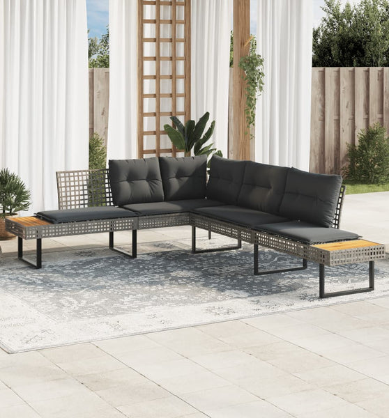 Gartensofa in L-Form mit Kissen Grau Poly Rattan und Akazie