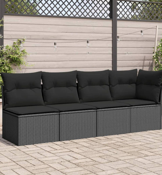 Gartensofa mit Kissen 4-Sitzer Schwarz Poly Rattan