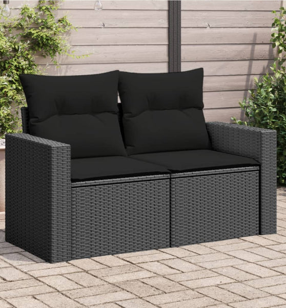 Gartensofa mit Kissen 2-Sitzer Schwarz Poly Rattan