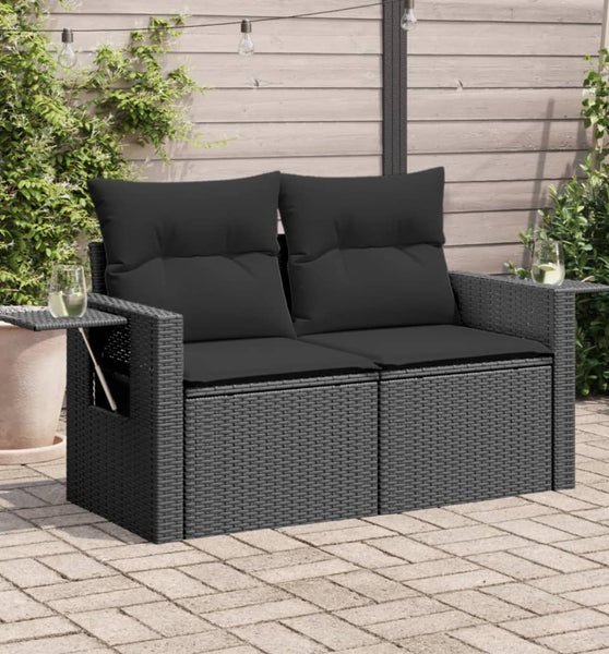 Gartensofa mit Kissen 2-Sitzer Schwarz Poly Rattan