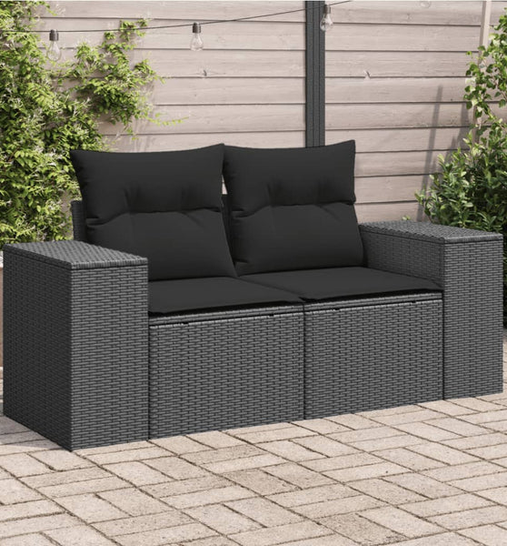 Gartensofa mit Kissen 2-Sitzer Schwarz Poly Rattan