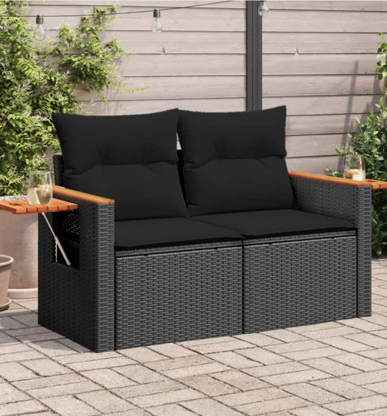 Gartensofa mit Kissen 2-Sitzer Schwarz Poly Rattan