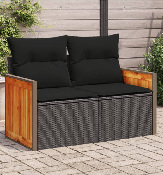 Gartensofa mit Kissen 2-Sitzer Schwarz Poly Rattan