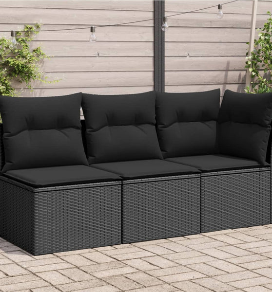 Gartensofa mit Kissen 3-Sitzer Schwarz Poly Rattan