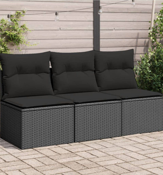 Gartensofa mit Kissen 3-Sitzer Schwarz Poly Rattan