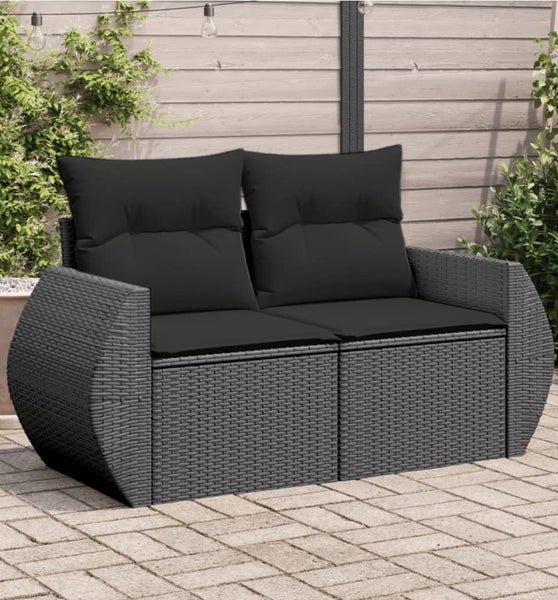 Gartensofa mit Kissen 2-Sitzer Schwarz Poly Rattan