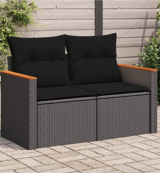 Gartensofa mit Kissen 2-Sitzer Schwarz Poly Rattan