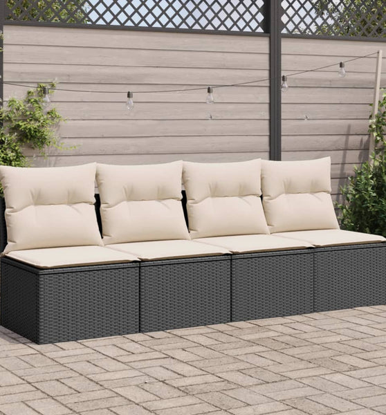 Gartensofa mit Kissen 4-Sitzer Schwarz Poly Rattan