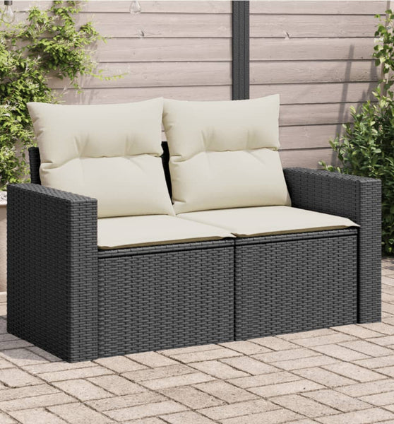 Gartensofa mit Kissen 2-Sitzer Schwarz Poly Rattan