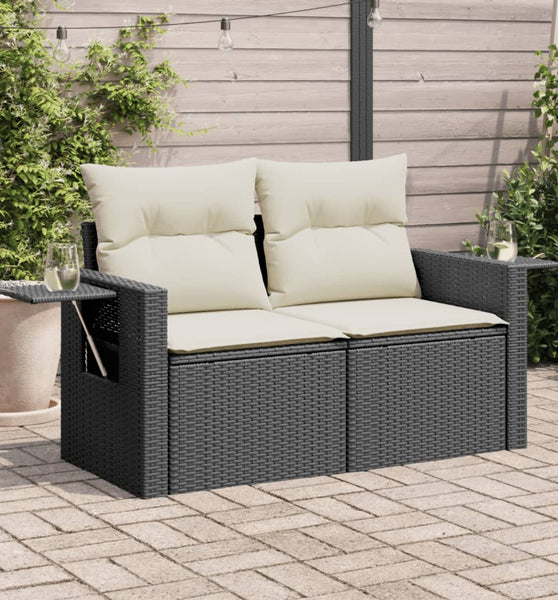 Gartensofa mit Kissen 2-Sitzer Schwarz Poly Rattan