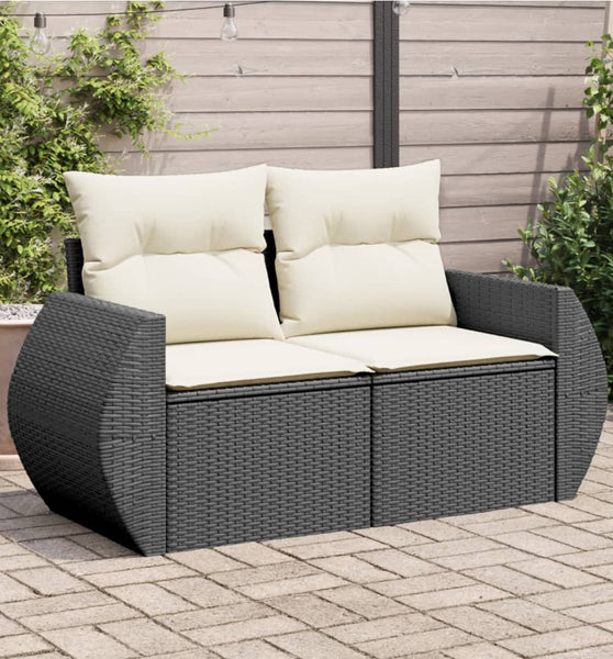 Gartensofa mit Kissen 2-Sitzer Schwarz Poly Rattan