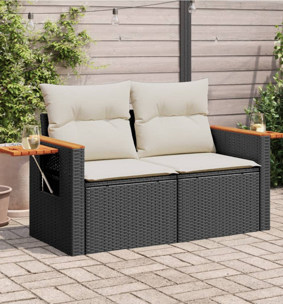 Gartensofa mit Kissen 2-Sitzer Schwarz Poly Rattan