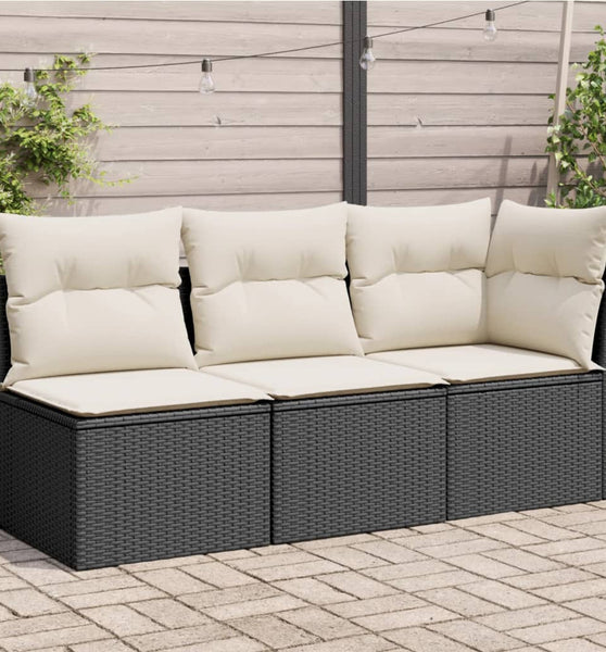 Gartensofa mit Kissen 3-Sitzer Schwarz Poly Rattan