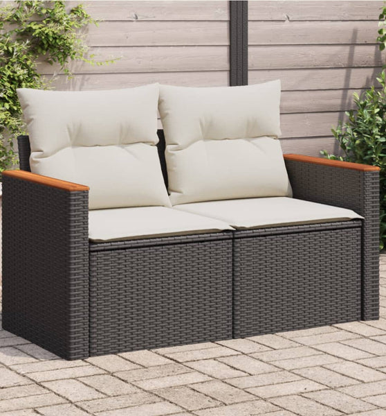 Gartensofa mit Kissen 2-Sitzer Schwarz Poly Rattan