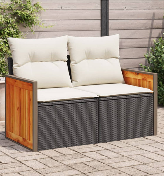 Gartensofa mit Kissen 2-Sitzer Schwarz Poly Rattan