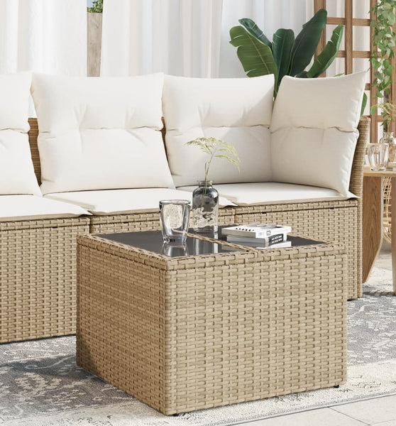 Gartentisch mit Glasplatte Beige 55x55x37 cm Poly Rattan