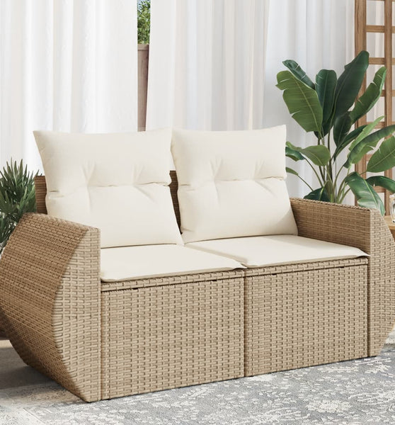 Gartensofa mit Kissen 2-Sitzer Beige Poly Rattan