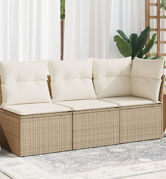 Gartensofa mit Kissen 3-Sitzer Beige Poly Rattan