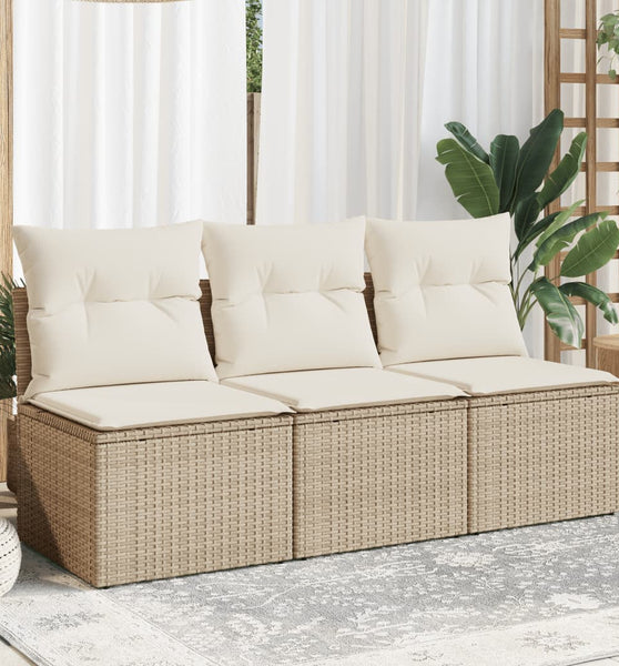 Gartensofa mit Kissen 3-Sitzer Beige Poly Rattan