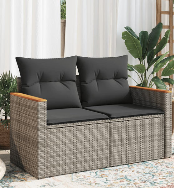 Gartensofa 2-Sitzer mit Kissen Grau Poly Rattan