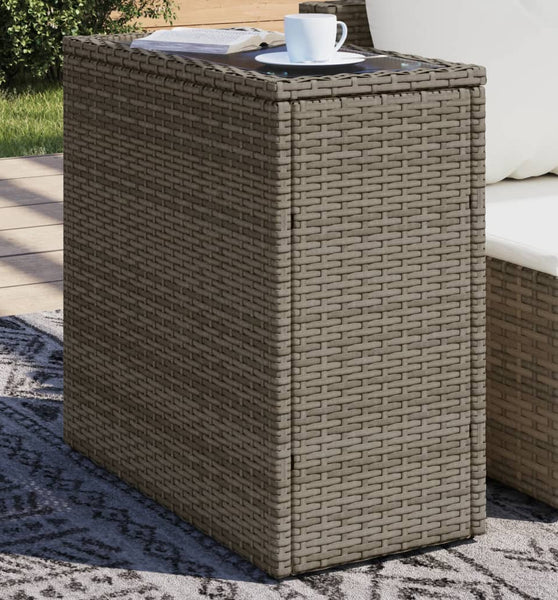 Garten-Beistelltisch mit Glasplatte Grau 58x27,5x55 cm Rattan