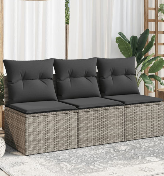 Gartensofa mit Kissen 3-Sitzer Grau Poly Rattan