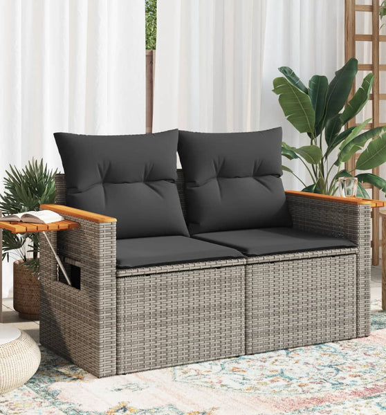 Gartensofa 2-Sitzer mit Kissen Grau Poly Rattan