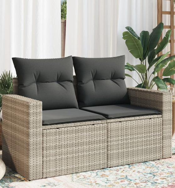 Gartensofa mit Kissen 2-Sitzer Hellgrau Poly Rattan